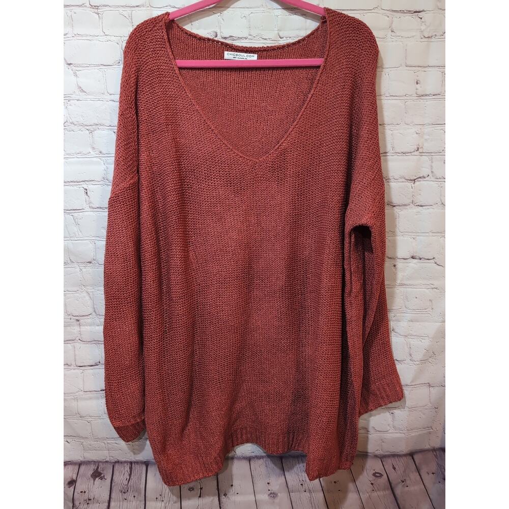 Chicsoul.com Sweater Women's 2X Burnt Orange Open Knit Plus Size Acrylic Poly
